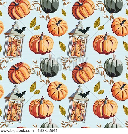 Fall Seamless Pattern With Pumpkins And Autumn Leaves On A Blue Background.