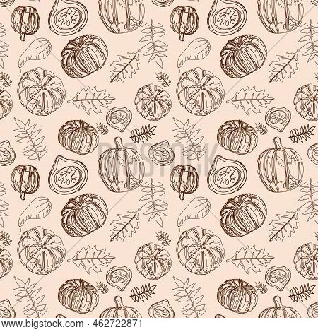 Painted Orange Round And Cut Pumpkins. Autumn Textile, Wrapping Paper, Fabric