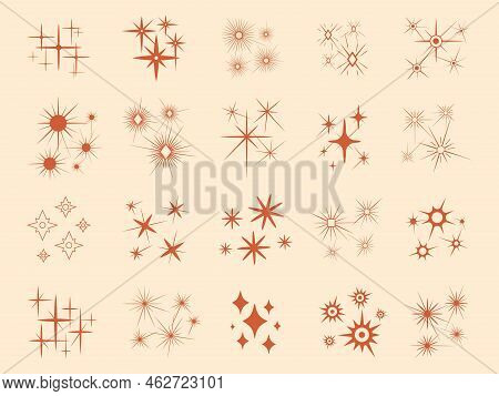 Flat Stars With Rays Retro Logos. Shine Abstract Design Elements, Modern Sparkle Boho Symbols. Shini