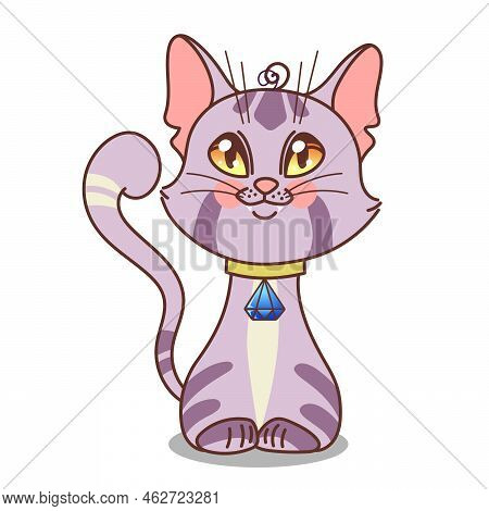Gray Cat In Cartoon Style. Kawaii Character. Pet Wearing A Collar With A Crystal. Vector Illustratio