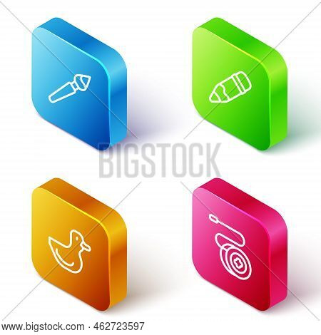 Set Isometric Line Paint Brush, Pencil With Eraser, Rubber Duck And Yoyo Toy Icon. Vector