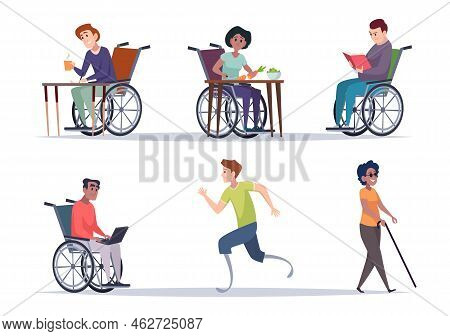 Diverse Persons. Daily Routine Of People Multinational Characters On Wheelchair Exact Vector People 