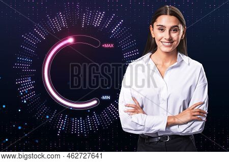 Attractive Happy Smiling European Businesswoman With Folded Arms And Abstract Glowing Max And Min Sc