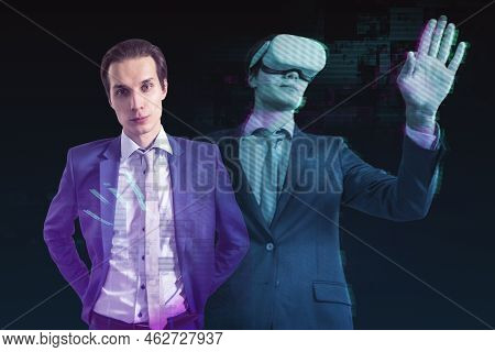 Abstract Dual Image Of Attractive Male With Vr Glasses Silhouette On Dark Background. Augmented Real