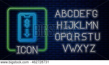 Glowing Neon Mobile Stock Trading Concept Icon Isolated On Brick Wall Background. Online Trading, St