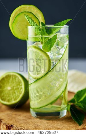 Cucumber, Lime And Mint Lemonade. Refresment Summer Drink, Glass Of Detox Water For Dieting