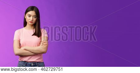 Bothered And Pissed Asian Woman Brunette, Cross Arms Chest Block, Feeling Offended Annoyed, Stare Di