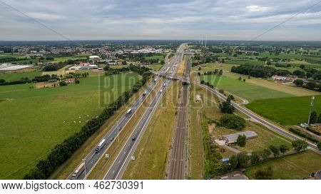 Brecht, Belgium, 6th Of July, 2022, Panoramic Aerial Drone View Of Wind Farm Or Wind Park, With High