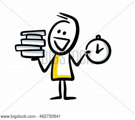 Stickman Teatcher With Books And Watches In His Hands On The Lesson.
