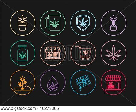 Set Line Marijuana And Cannabis Store, Leaf, Shield Marijuana, Online Buying, Medical Bottle With, P