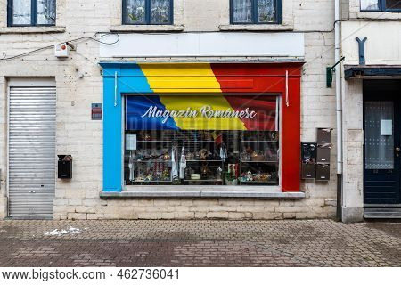 Jodoigne, Wallonia - Belgium - 01 23  2021 Romanian Convenience Market Sotre With The Facade Painted