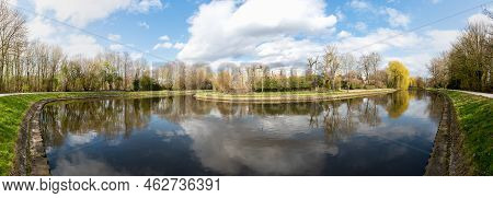 Extra Large Panoramic View Of A Waterpond Around The Ghent Urban Zone, Belgium