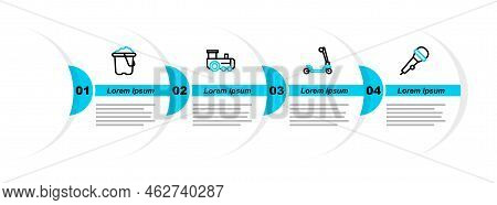 Set Line Microphone, Roller Scooter, Toy Train And Sand Bucket Icon. Vector
