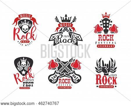 Music Rockfest Vintage Labels Set. Rock Festival Club Retro Logo Design Vector Illustration