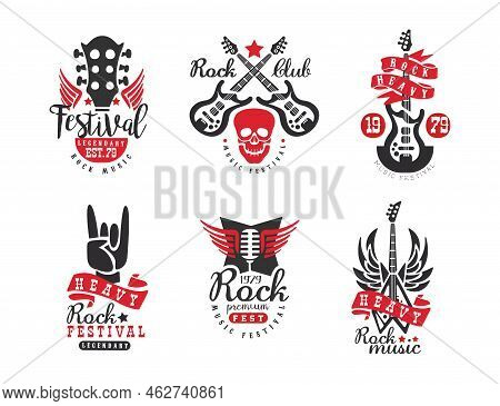 Rock Music Festival Vintage Labels Set. Rockfest Club Retro Logo Design Vector Illustration
