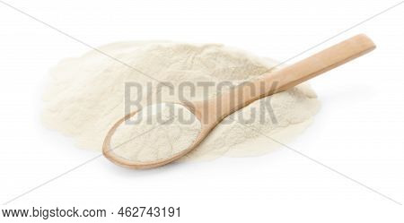 Pile Of Agar-agar Powder And Wooden Spoon On White Background