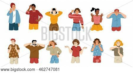 Body Language, Negative Emotions Concept. Characters Show Refuse, Denial, No, Ignore Or Stop Gesture