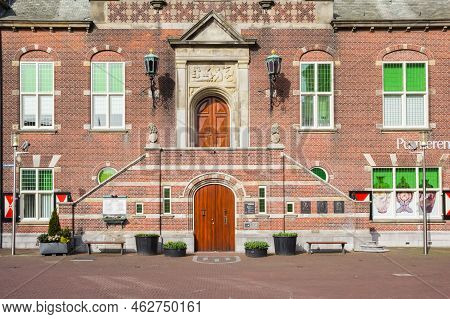 Purmerend, Netherlands - March 31, 2021: Front Facade And Stairs Of The Historic Town Hall In Purmer