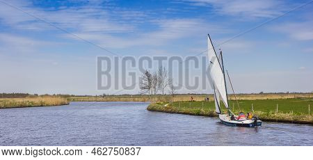 Eernewoude, Netherlands - April 27, 2021: Panorama Of People Sailing In The Waters Of Friesland, Net