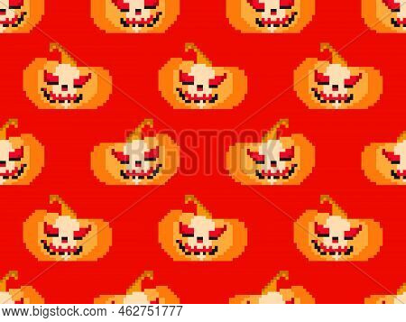 Pixelated Pumpkins With Carved Faces For Halloween Seamless Pattern. 8 Bit Halloween Pumpkins In Pix