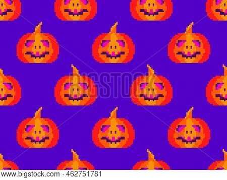 Pixelated Pumpkins With Carved Faces For Halloween Seamless Pattern. 8 Bit Halloween Pumpkins In Pix