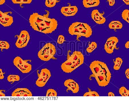 Pixelated Pumpkins With Carved Faces For Halloween Seamless Pattern. 8 Bit Halloween Pumpkins In Pix