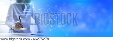 Businesswoman, Work From Home, Handling Documents, E-signing, Signing Digital Contracts Electronic S