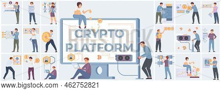 Crypto Platform Composiiton Set With Banking And Investing Symbols Flat Isolated Vector Illustration