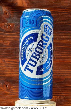 Tyumen, Russia-august 02, 2022: Non Alcoholic Can Of Tuborg Beer. Tuborg Is A Danish Brewing Company