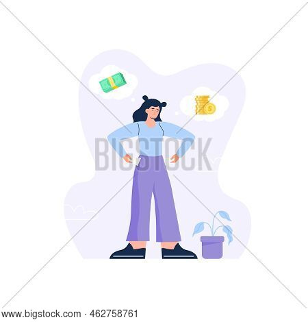 Personal Finance Management Concept. Poverty And Financial Illiteracy. A Sad Woman With Empty Pocket