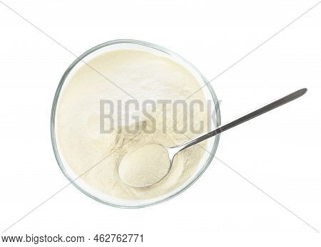 Bowl And Spoon Of Agar-agar Powder Isolated On White