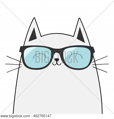 White Cat Wearing Sunglasses Eyeglasses. Black Contour Line Outline. Blue Lenses. Cute Cartoon Kawai