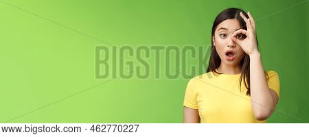 Amazed Speechless Cute Asian Young Girl Drop Jaw Astonished, Look Through Ok Circle Sign, Drop Jaw S