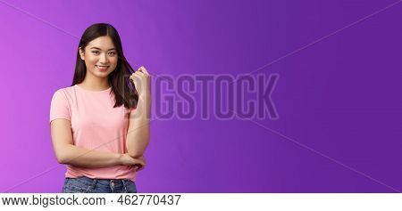 Friendly Attractive Stylish Woman Asian Playing Hair Stran, Touching Haircut, Smiling Joyfully, Cros