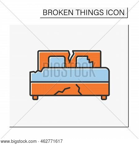 Bed Color Icon. Destroyed Furniture In Bedroom. Smashed Bed. Vandalism, Chaos. Broken Things Concept