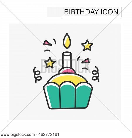 Cake Color Icon. Tasty Small Birthday Sweet Cake With One Candle.party. Make A Wish. Birthday Concep