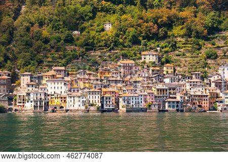 Beautiful Panorama Of Lake Como With A Small Coastal Town, Famous Tourism Destination
