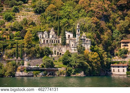 Beautiful Panorama Of Lake Como With A Small Coastal Town, Famous Tourism Destination