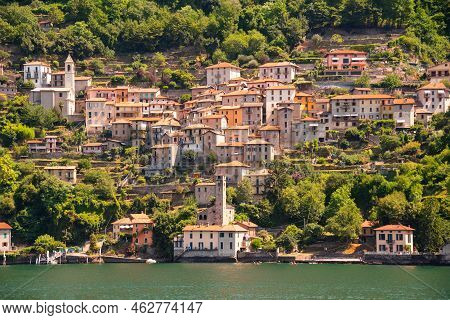 Beautiful Panorama Of Lake Como With A Small Coastal Town, Famous Tourism Destination