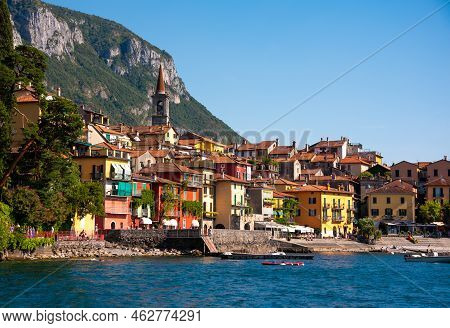 Beautiful Panorama Of Lake Como With A Small Coastal Town, Famous Tourism Destination