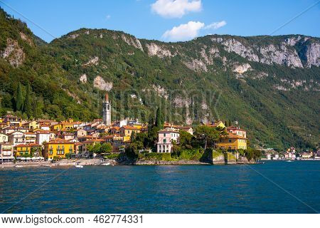 Beautiful Panorama Of Lake Como With A Small Coastal Town, Famous Tourism Destination