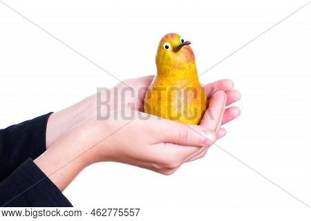 Female Holding A Funny Anthropomorphic Pear Fruit With Googly Eyes Isolated On White Background. Cut