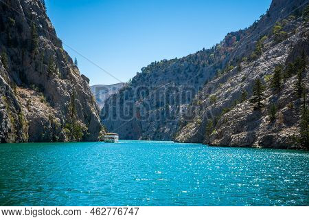 Mountain Lake. Emerald Water Reservoir Behind The Dam Oymapinar. Green Canyon In Manavgat Region, Tu