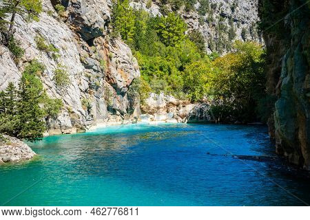 Mountain Lake. Emerald Water Reservoir Behind The Dam Oymapinar. Green Canyon In Manavgat Region, Tu