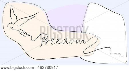 Freedom Inscription. Flying Bird In Lineart Style.