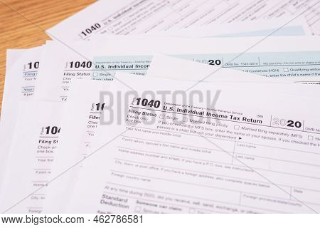 Tax Forms 1040.  Financial Concept. Close-upview From Above