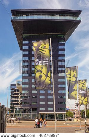 Rotterdam, Netherlands - July 11, 2022: Closeup Of South Facing Mainport Building Housing Inntelhote