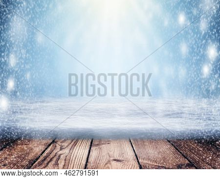 Winter Background - Dark Wooden Rustic Background Covered With Snow. Abstract Snowy Christmas Backgr
