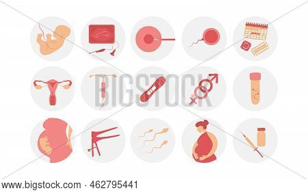 Woman Fertility Icon Set. Obstetrics Signs Collection. Pregnancy Insemination Contraception Concept