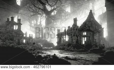 Blurred Background Of Decrepit Haunted House In The Dark, Halloween Background Concept.